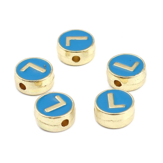Picture of Zinc Based Alloy Spacer Beads Flat Round Gold Plated Blue Initial Alphabet/ Capital Letter Message " L " About 8mm Dia., Hole: Approx 1.5mm, 10 PCs