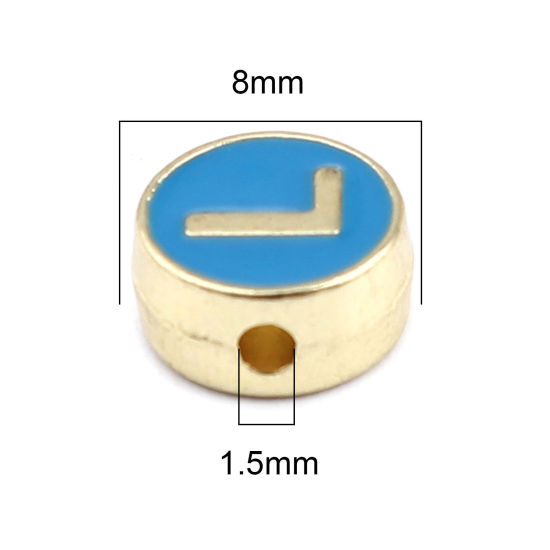 Picture of Zinc Based Alloy Spacer Beads Flat Round Gold Plated Blue Initial Alphabet/ Capital Letter Message " L " About 8mm Dia., Hole: Approx 1.5mm, 10 PCs