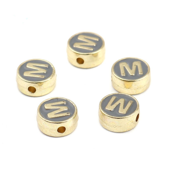 Picture of Zinc Based Alloy Spacer Beads Flat Round Gold Plated Gray Initial Alphabet/ Capital Letter Message " M " About 8mm Dia., Hole: Approx 1.5mm, 10 PCs