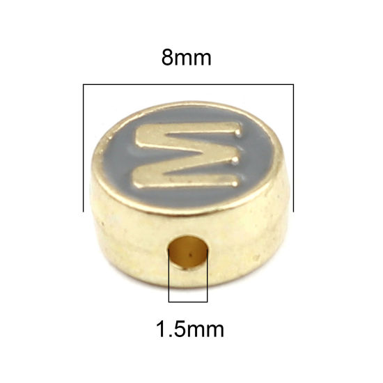Picture of Zinc Based Alloy Spacer Beads Flat Round Gold Plated Gray Initial Alphabet/ Capital Letter Message " M " About 8mm Dia., Hole: Approx 1.5mm, 10 PCs