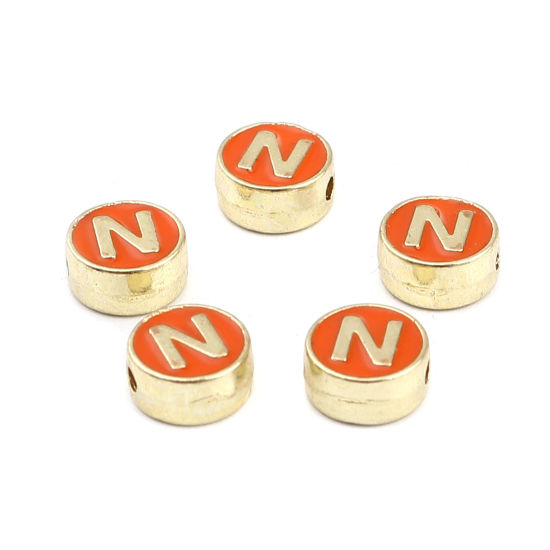 Picture of Zinc Based Alloy Spacer Beads Flat Round Gold Plated Orange Initial Alphabet/ Capital Letter Message " N " About 8mm Dia., Hole: Approx 1.5mm, 10 PCs