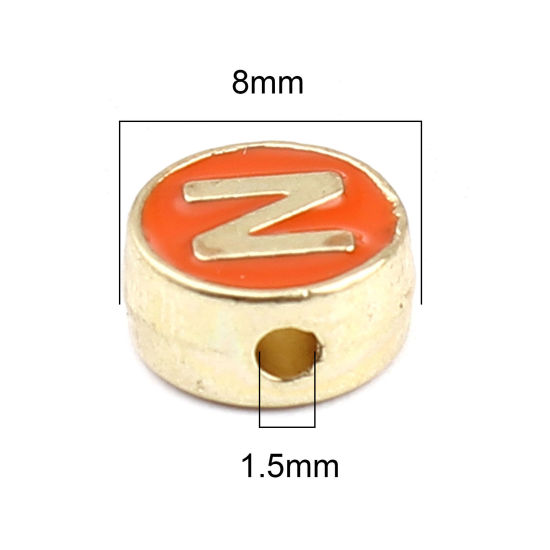 Picture of Zinc Based Alloy Spacer Beads Flat Round Gold Plated Orange Initial Alphabet/ Capital Letter Message " N " About 8mm Dia., Hole: Approx 1.5mm, 10 PCs