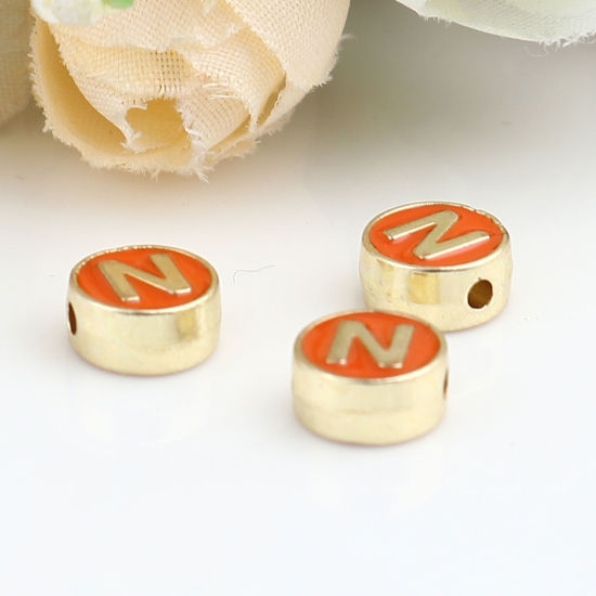 Picture of Zinc Based Alloy Spacer Beads Flat Round Gold Plated Orange Initial Alphabet/ Capital Letter Message " N " About 8mm Dia., Hole: Approx 1.5mm, 10 PCs