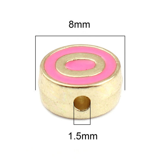 Picture of Zinc Based Alloy Spacer Beads Flat Round Gold Plated Fuchsia Initial Alphabet/ Capital Letter Message " O " About 8mm Dia., Hole: Approx 1.5mm, 10 PCs