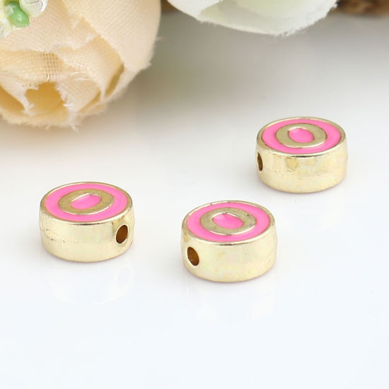Picture of Zinc Based Alloy Spacer Beads Flat Round Gold Plated Fuchsia Initial Alphabet/ Capital Letter Message " O " About 8mm Dia., Hole: Approx 1.5mm, 10 PCs