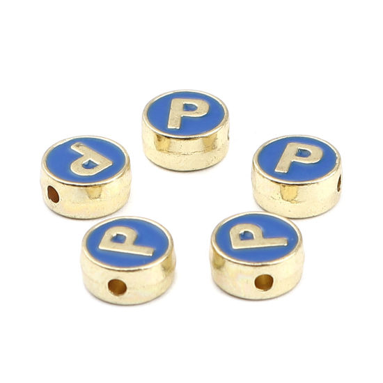 Picture of Zinc Based Alloy Spacer Beads Flat Round Gold Plated Blue Initial Alphabet/ Capital Letter Message " P " About 8mm Dia., Hole: Approx 1.5mm, 10 PCs