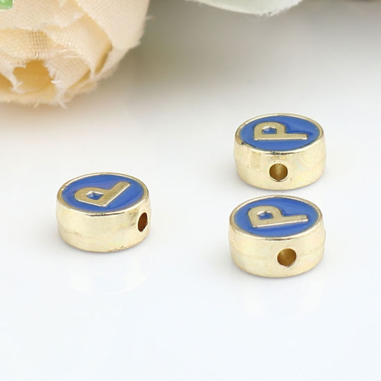 Picture of Zinc Based Alloy Spacer Beads Flat Round Gold Plated Blue Initial Alphabet/ Capital Letter Message " P " About 8mm Dia., Hole: Approx 1.5mm, 10 PCs