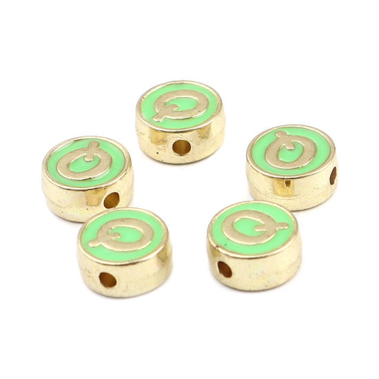 Picture of Zinc Based Alloy Spacer Beads Flat Round Gold Plated Peacock Green Initial Alphabet/ Capital Letter Message " Q " About 8mm Dia., Hole: Approx 1.5mm, 10 PCs