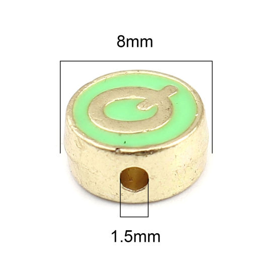 Picture of Zinc Based Alloy Spacer Beads Flat Round Gold Plated Peacock Green Initial Alphabet/ Capital Letter Message " Q " About 8mm Dia., Hole: Approx 1.5mm, 10 PCs