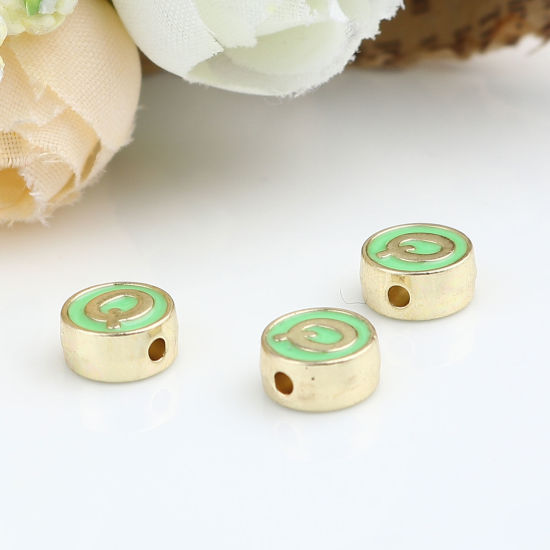 Picture of Zinc Based Alloy Spacer Beads Flat Round Gold Plated Peacock Green Initial Alphabet/ Capital Letter Message " Q " About 8mm Dia., Hole: Approx 1.5mm, 10 PCs