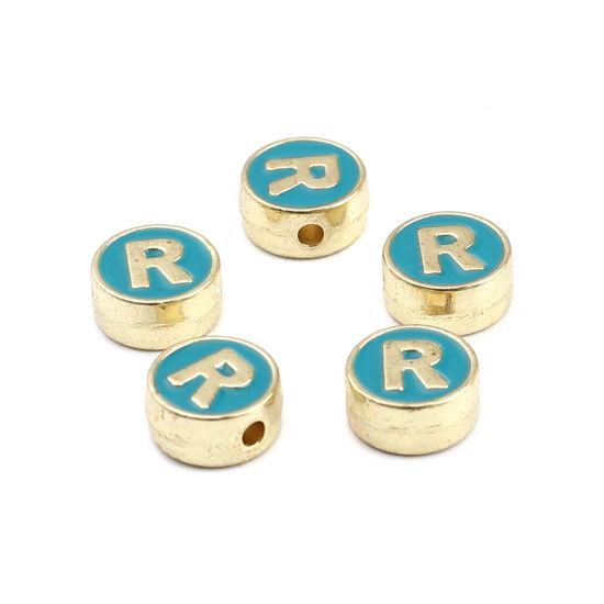 Picture of Zinc Based Alloy Spacer Beads Flat Round Gold Plated Green Initial Alphabet/ Capital Letter Message " R " About 8mm Dia., Hole: Approx 1.5mm, 10 PCs