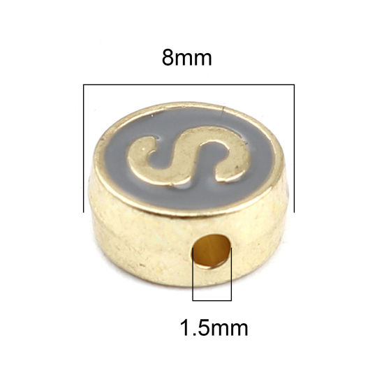 Picture of Zinc Based Alloy Spacer Beads Flat Round Gold Plated Gray Initial Alphabet/ Capital Letter Message " S " About 8mm Dia., Hole: Approx 1.5mm, 10 PCs