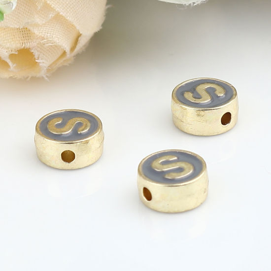 Picture of Zinc Based Alloy Spacer Beads Flat Round Gold Plated Gray Initial Alphabet/ Capital Letter Message " S " About 8mm Dia., Hole: Approx 1.5mm, 10 PCs