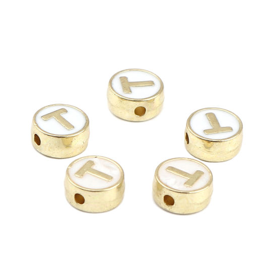 Picture of Zinc Based Alloy Spacer Beads Flat Round Gold Plated White Initial Alphabet/ Capital Letter Message " T " About 8mm Dia., Hole: Approx 1.5mm, 10 PCs
