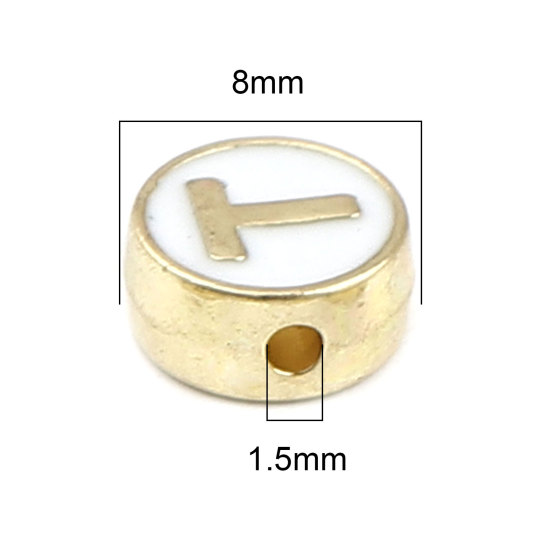Picture of Zinc Based Alloy Spacer Beads Flat Round Gold Plated White Initial Alphabet/ Capital Letter Message " T " About 8mm Dia., Hole: Approx 1.5mm, 10 PCs
