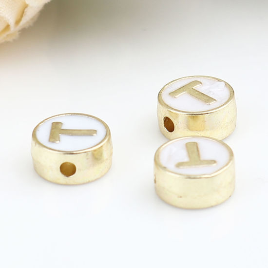 Picture of Zinc Based Alloy Spacer Beads Flat Round Gold Plated White Initial Alphabet/ Capital Letter Message " T " About 8mm Dia., Hole: Approx 1.5mm, 10 PCs