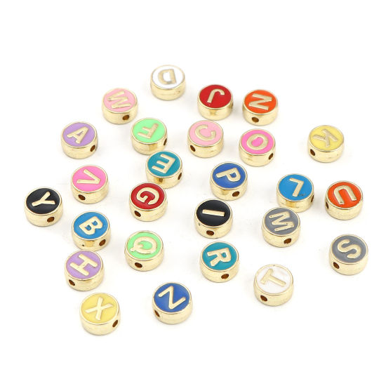 Picture of Zinc Based Alloy Spacer Beads Flat Round Gold Plated White Initial Alphabet/ Capital Letter Message " T " About 8mm Dia., Hole: Approx 1.5mm, 10 PCs