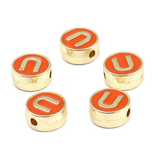 Picture of Zinc Based Alloy Spacer Beads Flat Round Gold Plated Orange Initial Alphabet/ Capital Letter Message " U " About 8mm Dia., Hole: Approx 1.5mm, 10 PCs