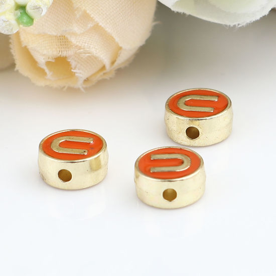Picture of Zinc Based Alloy Spacer Beads Flat Round Gold Plated Orange Initial Alphabet/ Capital Letter Message " U " About 8mm Dia., Hole: Approx 1.5mm, 10 PCs