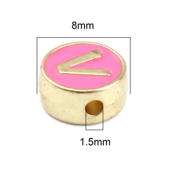 Picture of Zinc Based Alloy Spacer Beads Flat Round Gold Plated Fuchsia Initial Alphabet/ Capital Letter Message " V " About 8mm Dia., Hole: Approx 1.5mm, 10 PCs