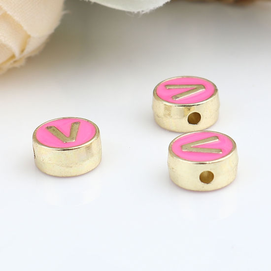 Picture of Zinc Based Alloy Spacer Beads Flat Round Gold Plated Fuchsia Initial Alphabet/ Capital Letter Message " V " About 8mm Dia., Hole: Approx 1.5mm, 10 PCs