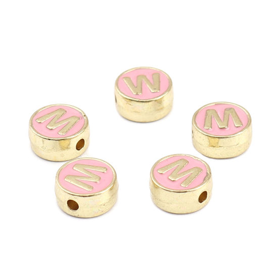 Picture of Zinc Based Alloy Spacer Beads Flat Round Gold Plated Pink Initial Alphabet/ Capital Letter Message " W " About 8mm Dia., Hole: Approx 1.5mm, 10 PCs