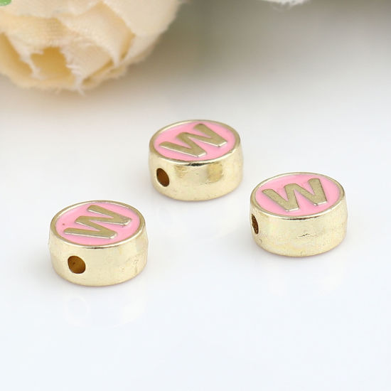 Picture of Zinc Based Alloy Spacer Beads Flat Round Gold Plated Pink Initial Alphabet/ Capital Letter Message " W " About 8mm Dia., Hole: Approx 1.5mm, 10 PCs