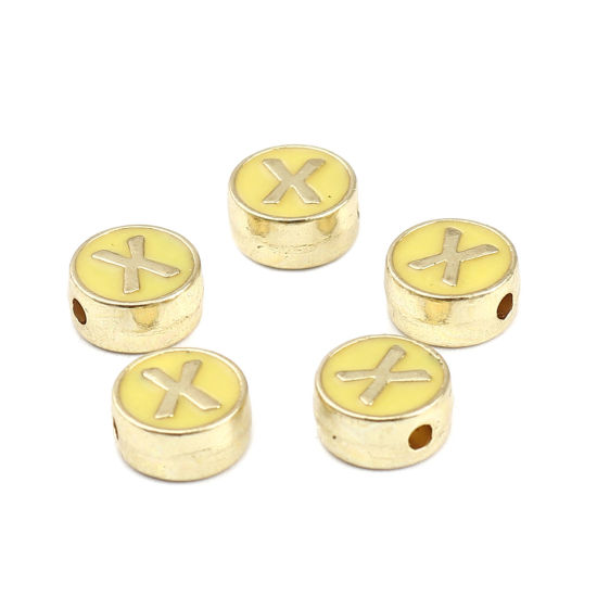 Picture of Zinc Based Alloy Spacer Beads Flat Round Gold Plated Yellow Initial Alphabet/ Capital Letter Message " X " About 8mm Dia., Hole: Approx 1.5mm, 10 PCs