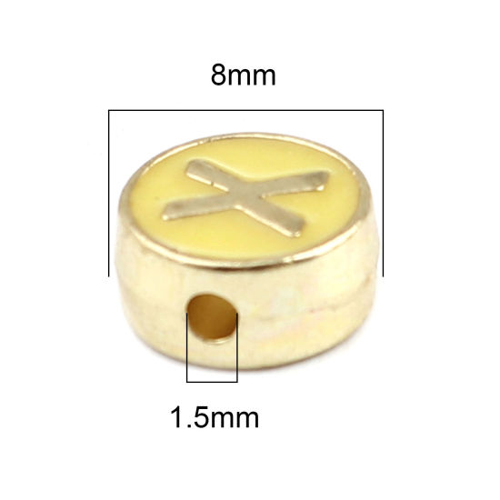Picture of Zinc Based Alloy Spacer Beads Flat Round Gold Plated Yellow Initial Alphabet/ Capital Letter Message " X " About 8mm Dia., Hole: Approx 1.5mm, 10 PCs