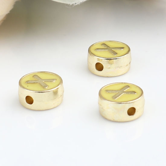 Picture of Zinc Based Alloy Spacer Beads Flat Round Gold Plated Yellow Initial Alphabet/ Capital Letter Message " X " About 8mm Dia., Hole: Approx 1.5mm, 10 PCs