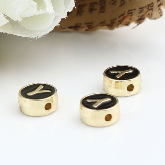 Picture of Zinc Based Alloy Spacer Beads Flat Round Gold Plated Black Initial Alphabet/ Capital Letter Message " Y " About 8mm Dia., Hole: Approx 1.5mm, 10 PCs