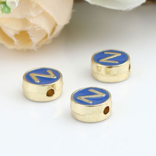 Picture of Zinc Based Alloy Spacer Beads Flat Round Gold Plated Blue Initial Alphabet/ Capital Letter Message " Z " About 8mm Dia., Hole: Approx 1.5mm, 10 PCs