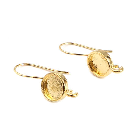 Picture of Zinc Based Alloy Cabochon Settings Earrings Findings Round Gold Plated W/ Loop (Fit 8mm Dia.) 28mm x 10mm, Post/ Wire Size: (21 gauge), 4 PCs
