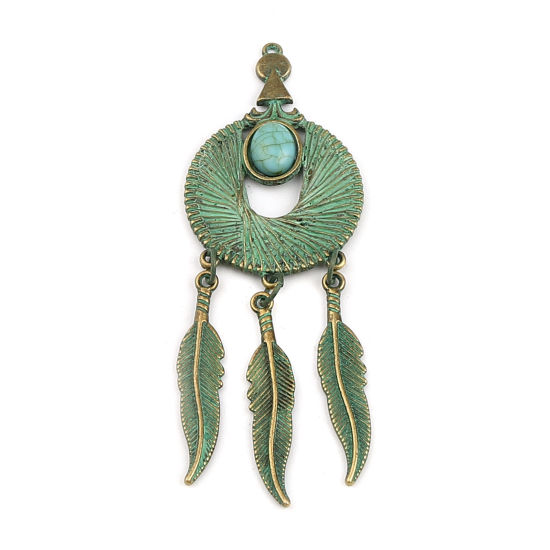 Picture of Zinc Based Alloy & Acrylic Patina Pendants Dream Catcher Antique Bronze Green Imitation Turquoise 85mm x 30mm, 5 PCs