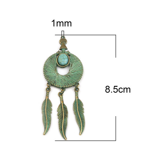 Picture of Zinc Based Alloy & Acrylic Patina Pendants Dream Catcher Antique Bronze Green Imitation Turquoise 85mm x 30mm, 5 PCs