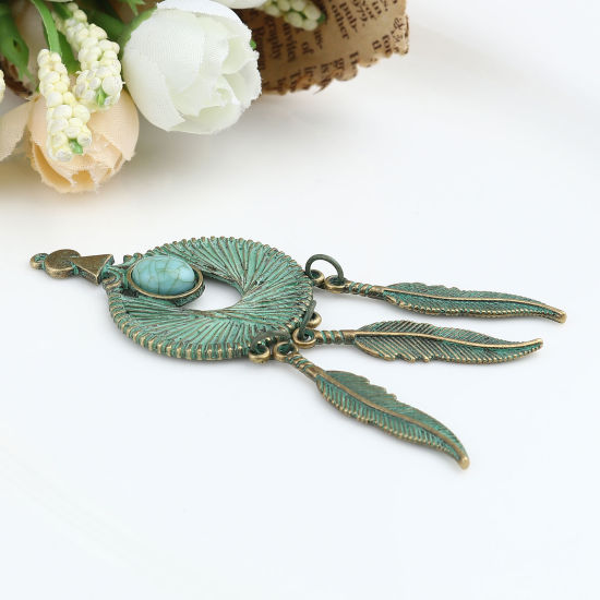 Picture of Zinc Based Alloy & Acrylic Patina Pendants Dream Catcher Antique Bronze Green Imitation Turquoise 85mm x 30mm, 5 PCs