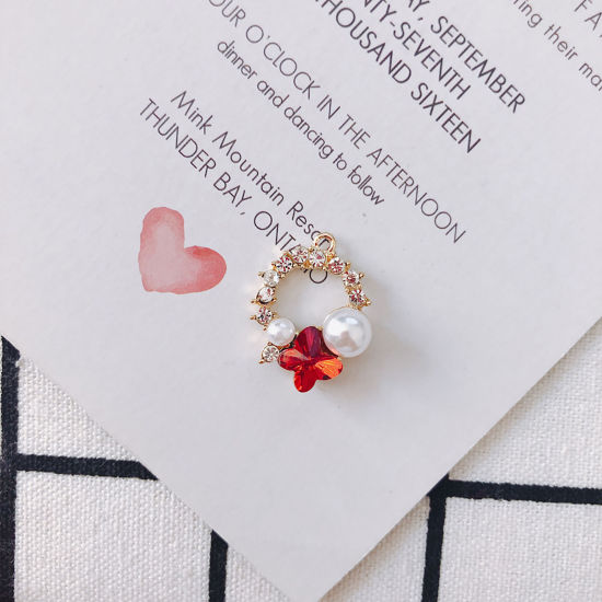 Immagine di Lega di Zinca + Acrilato Insetto Charms Anello Bianco Farfalla Rosso Strass Imitata Perla 23mm x 18mm , 2 Pz