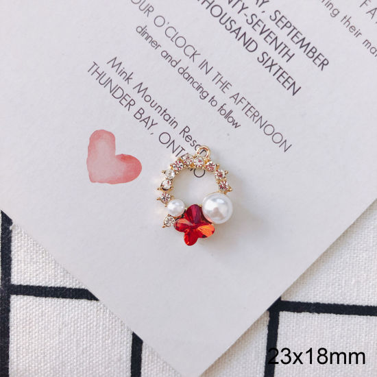 Immagine di Lega di Zinca + Acrilato Insetto Charms Anello Bianco Farfalla Rosso Strass Imitata Perla 23mm x 18mm , 2 Pz
