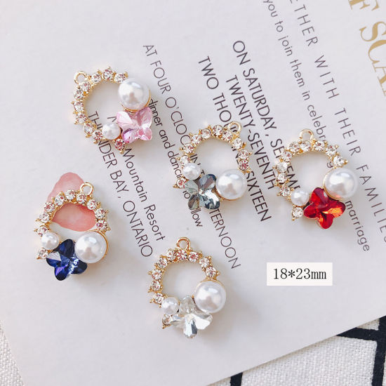 Immagine di Lega di Zinca + Acrilato Insetto Charms Anello Bianco Farfalla Rosso Strass Imitata Perla 23mm x 18mm , 2 Pz