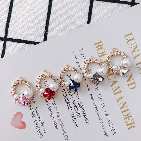 Immagine di Lega di Zinca + Acrilato Insetto Charms Anello Bianco Farfalla Rosso Strass Imitata Perla 23mm x 18mm , 2 Pz