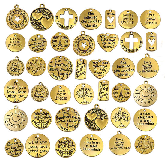 Picture of Zinc Based Alloy Positive Quotes Energy Charms Round Gold Tone Antique Gold Word Message 20mm, 1 Set ( 20 PCs/Set)