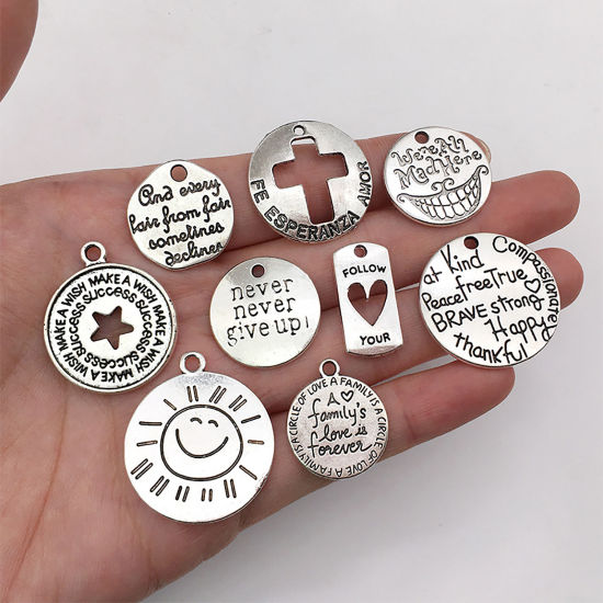 Picture of Zinc Based Alloy Positive Quotes Energy Charms Round Antique Silver Color Word Message 20mm, 1 Set ( 20 PCs/Set)