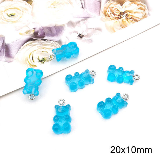 Bild von Zinklegierung + Harz Charms Süßigkeit Bär Blau 20mm x 10mm, 10 Stück