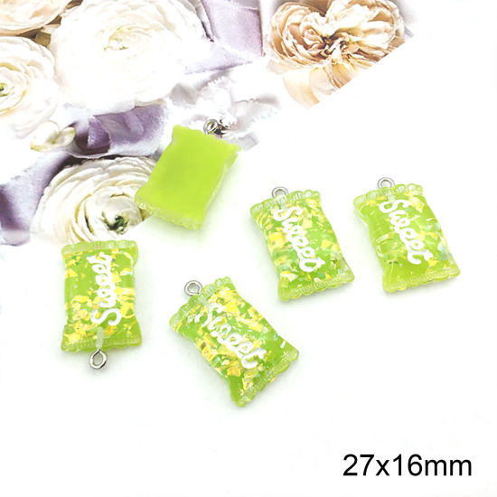 Bild von Zinklegierung + Harz Charms Süßigkeit Grün Paillette 27mm x 16mm, 10 Stück