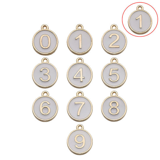 Picture of Zinc Based Alloy Charms Round Gold Plated White Number Message " 1 " Enamel 14mm x 12mm, 10 PCs