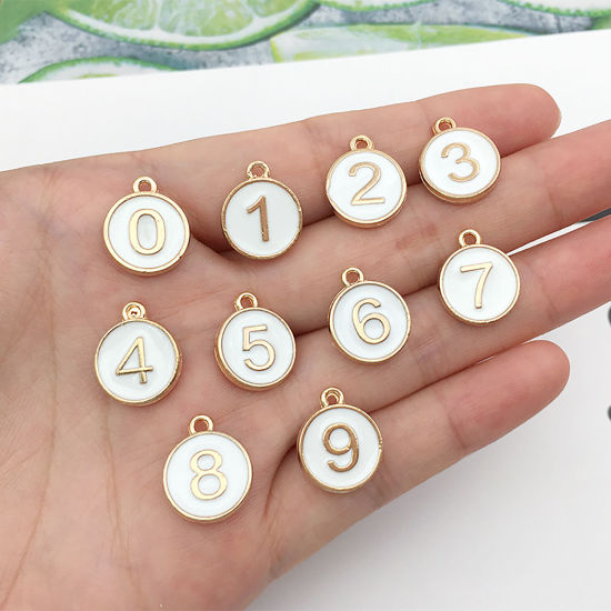 Picture of Zinc Based Alloy Charms Round Gold Plated White Number Message " 1 " Enamel 14mm x 12mm, 10 PCs