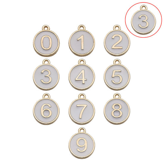 Picture of Zinc Based Alloy Charms Round Gold Plated White Number Message " 3 " Enamel 14mm x 12mm, 10 PCs