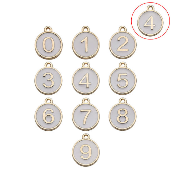 Picture of Zinc Based Alloy Charms Round Gold Plated White Number Message " 4 " Enamel 14mm x 12mm, 10 PCs