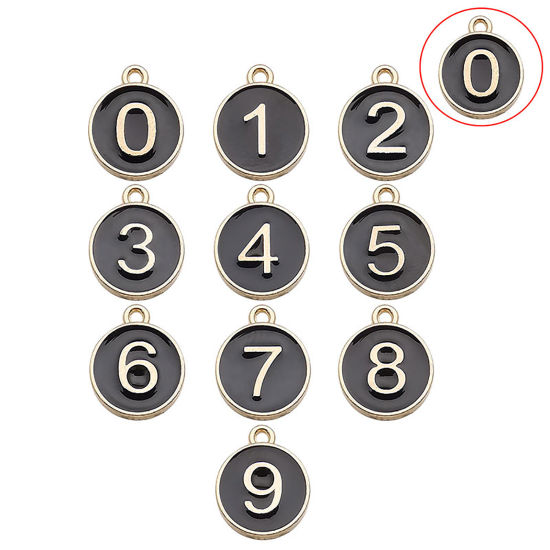 Picture of Zinc Based Alloy Charms Round Gold Plated Black Number Message " 0 " Enamel 14mm x 12mm, 10 PCs