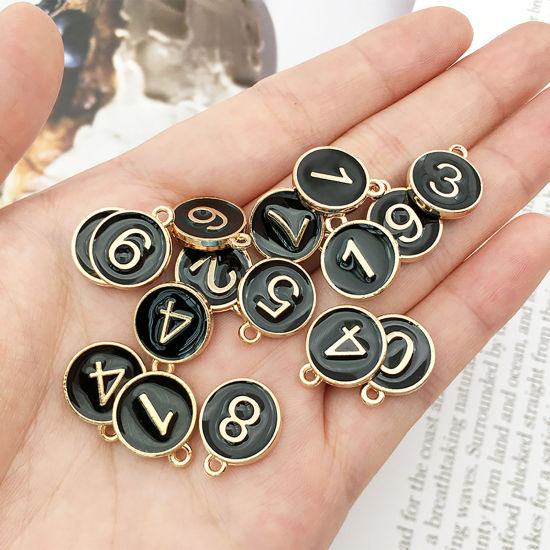 Picture of Zinc Based Alloy Charms Round Gold Plated Black Number Message " 0 " Enamel 14mm x 12mm, 10 PCs